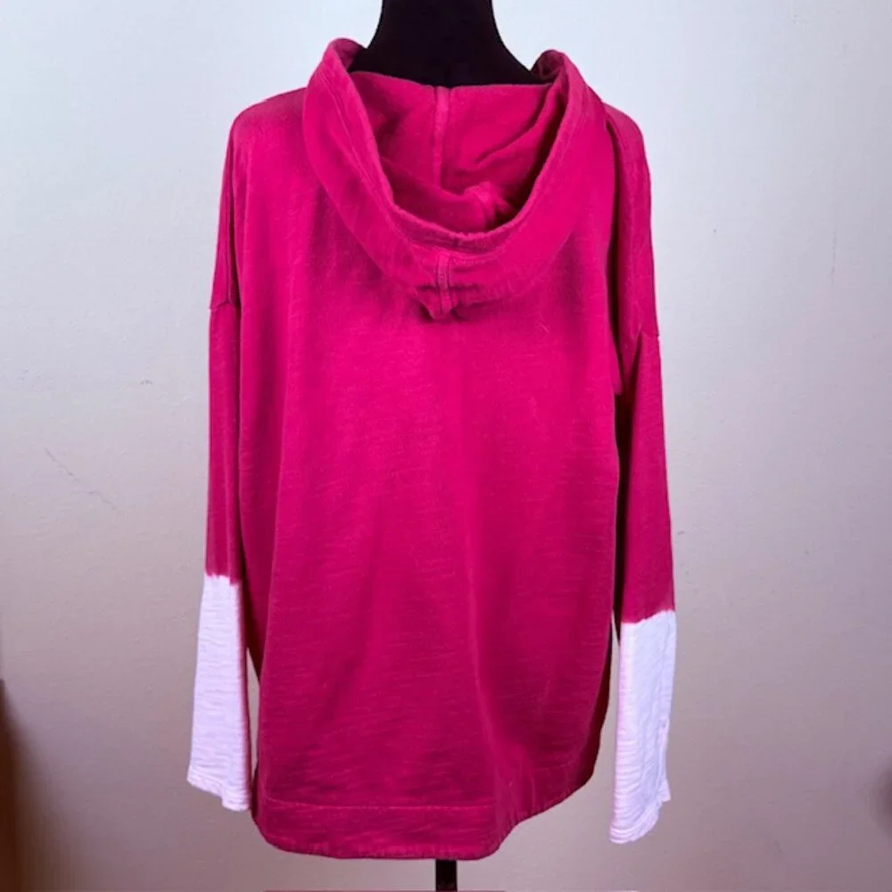 J Jill Hoodie Womens Medium Red Pink Dip Dye Slub Cotton Pullover Top Relaxed